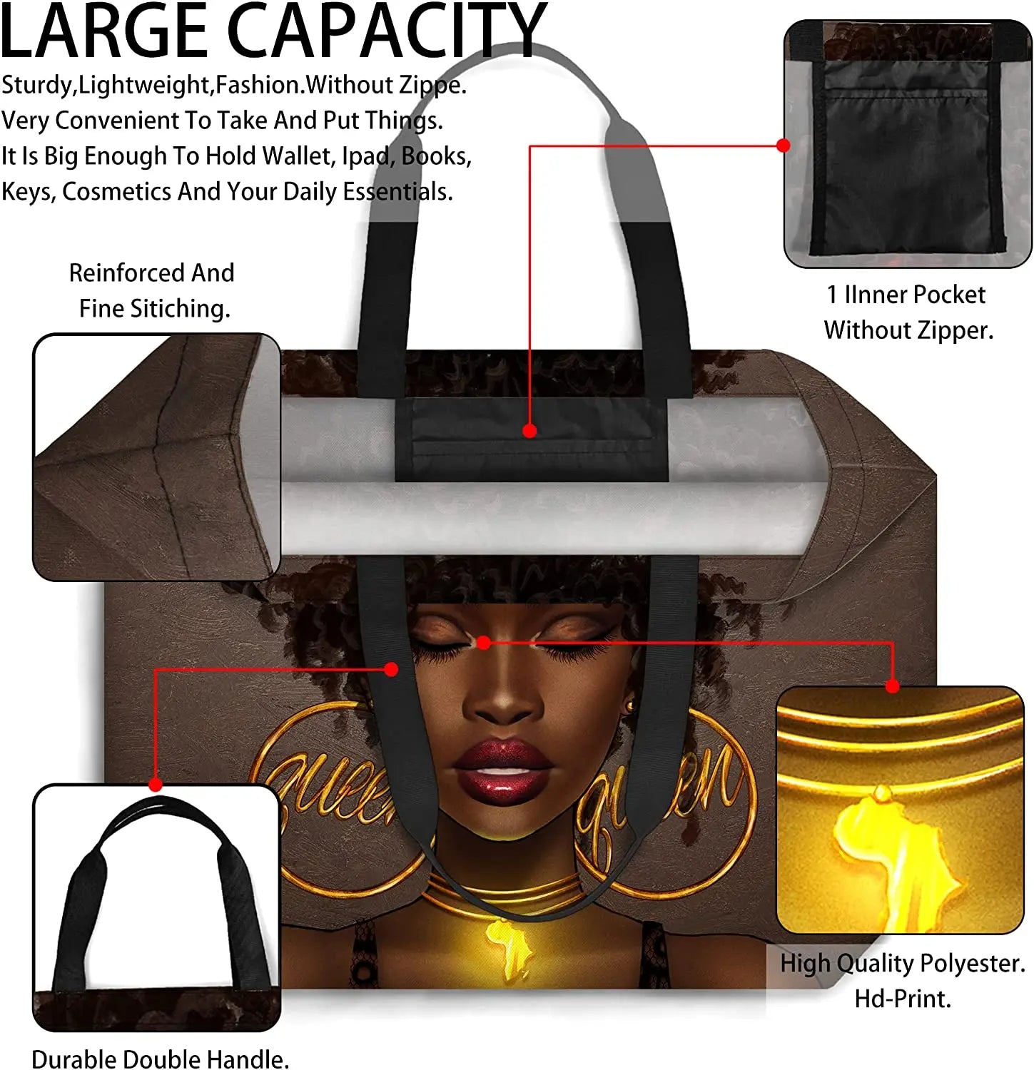 Women Tote Africa Handbags Black Girl Magic Shoulder Bag Large Capacity For Gym Travel Shopping
